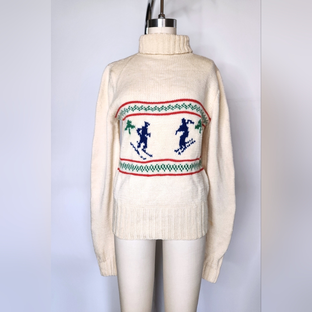Vintage SKI Knit Sweater - Folklore Sweater - Novelty Knit Skiing Wool 70s XS S - Picture 2 of 8